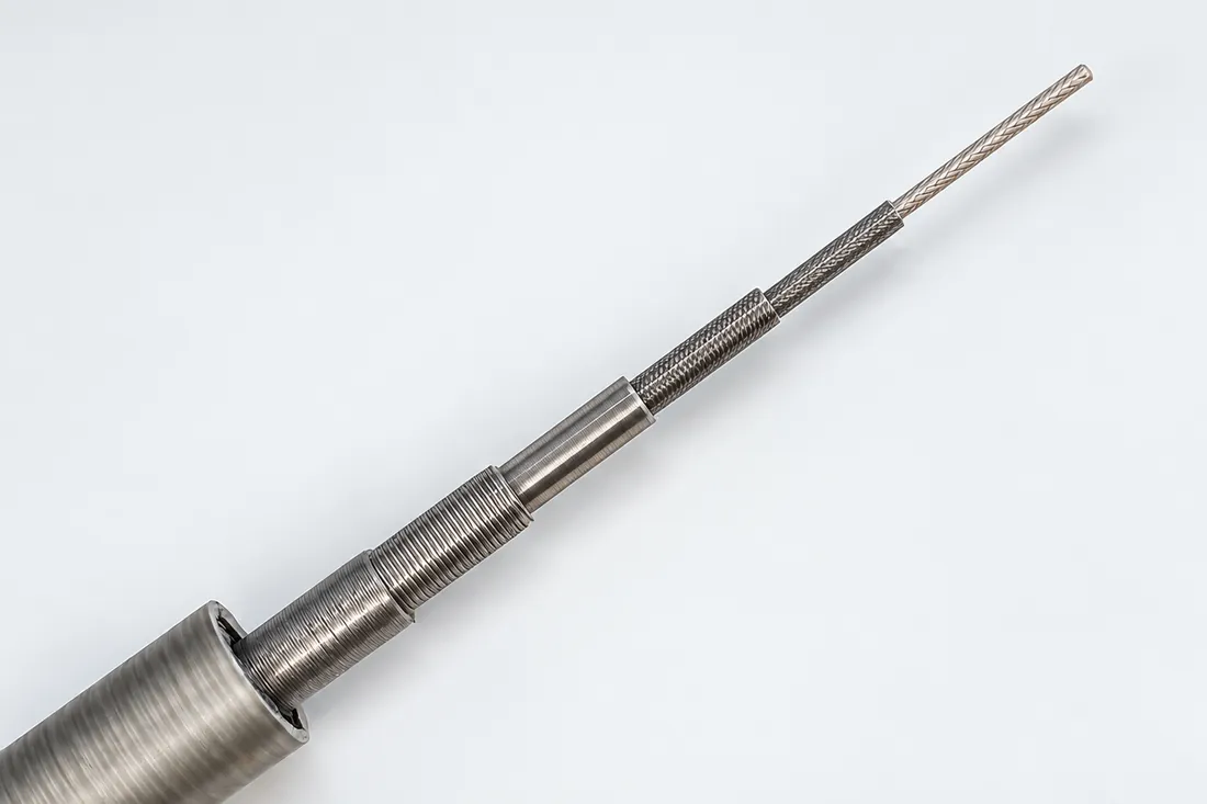 Layered reinforced catheter construction showing multiple structural sections